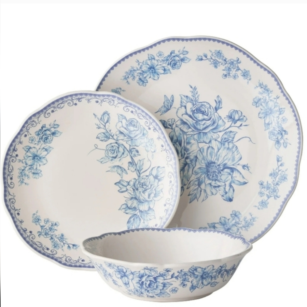 ❤️ 2025 12 Piece Pioneer Woman Agatha Blue Floral 12-Piece Dinnerware Set